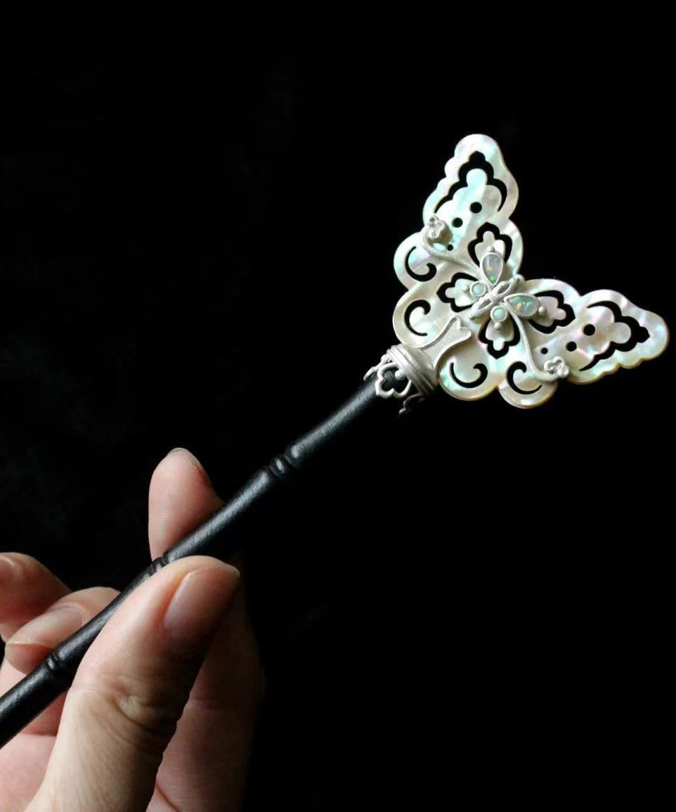 Retro Black Wooden Patchwork Hollow Out Butterfly Hairpin