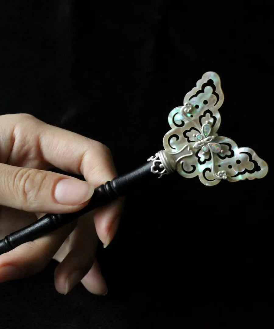 Retro Black Wooden Patchwork Hollow Out Butterfly Hairpin