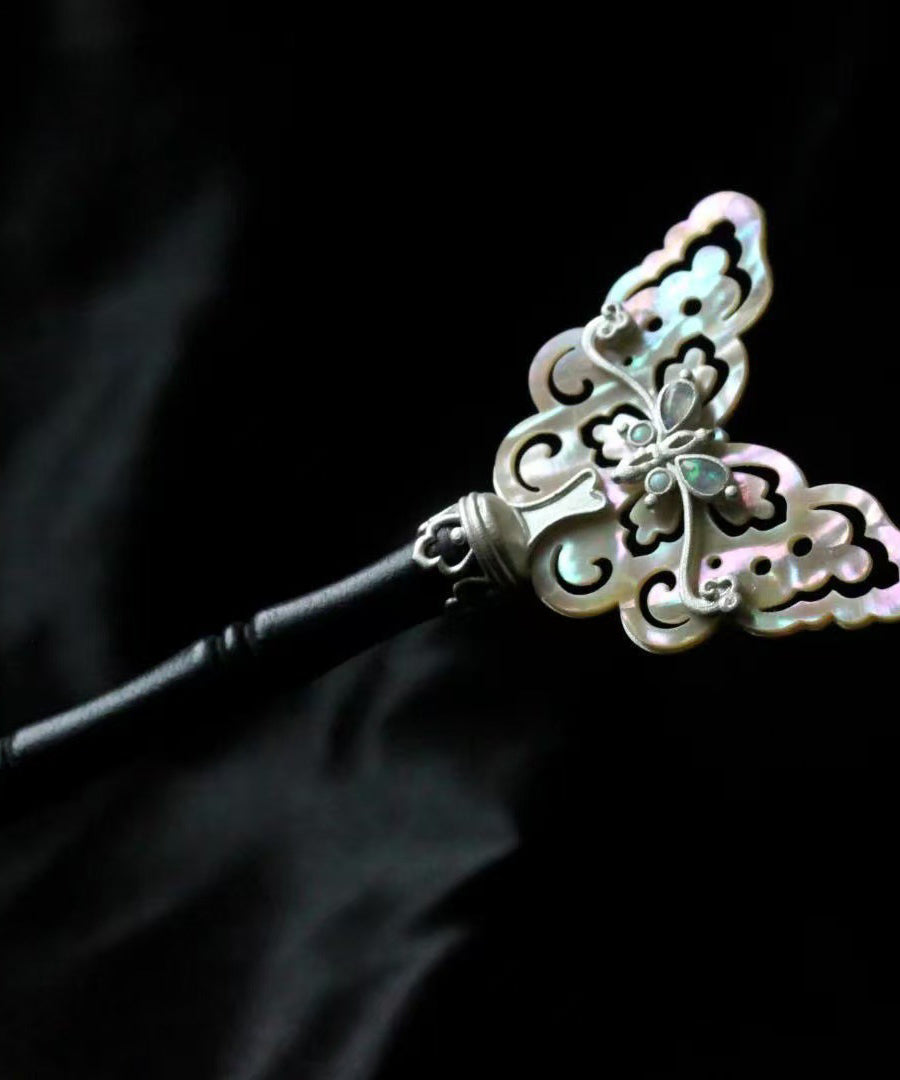 Retro Black Wooden Patchwork Hollow Out Butterfly Hairpin