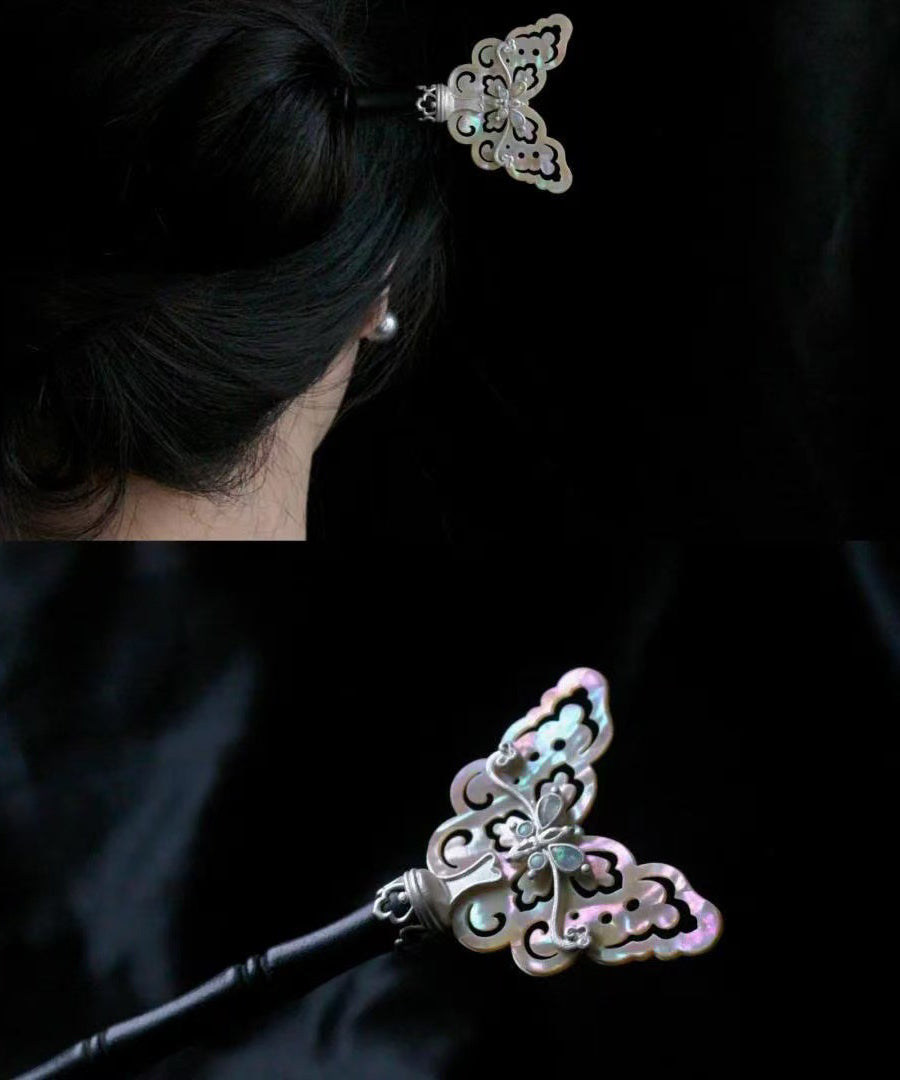 Retro Black Wooden Patchwork Hollow Out Butterfly Hairpin