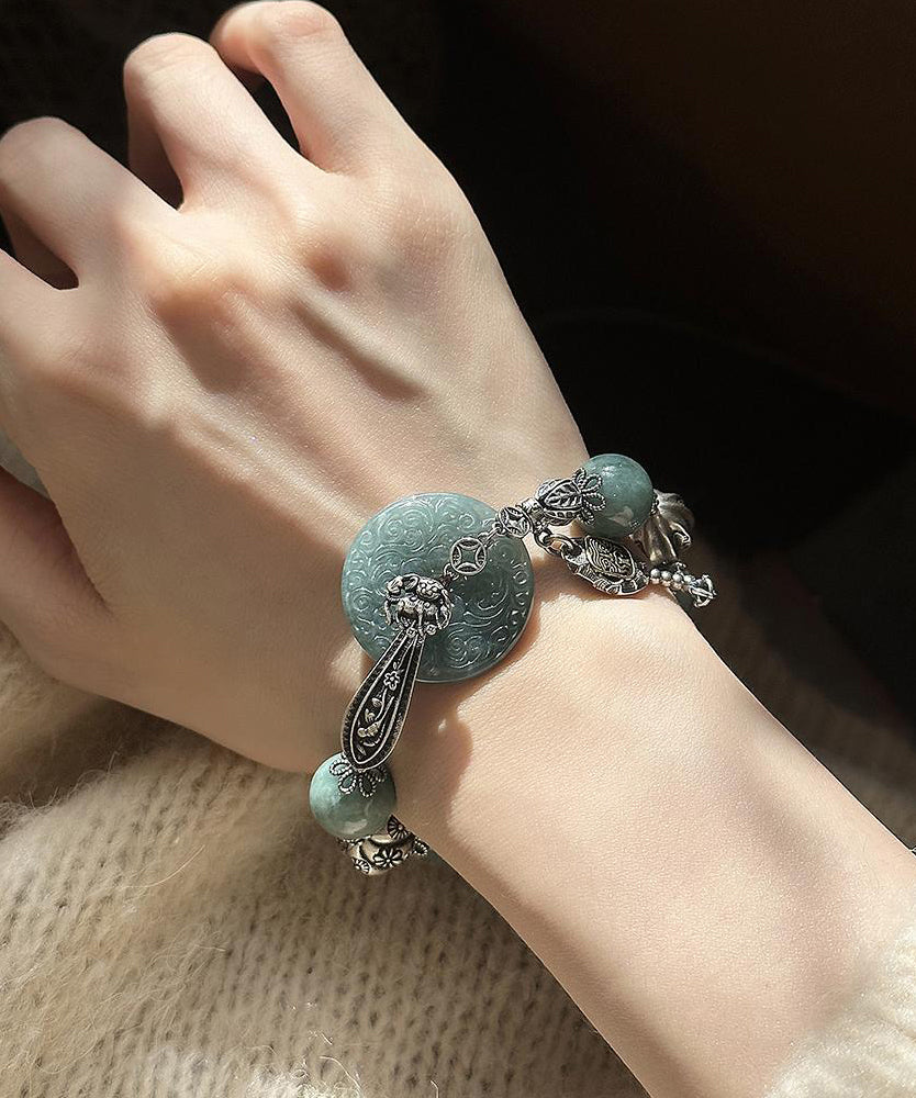 Retro Blackish Green Sterling Silver Jade Butterfly Charm Bracelet