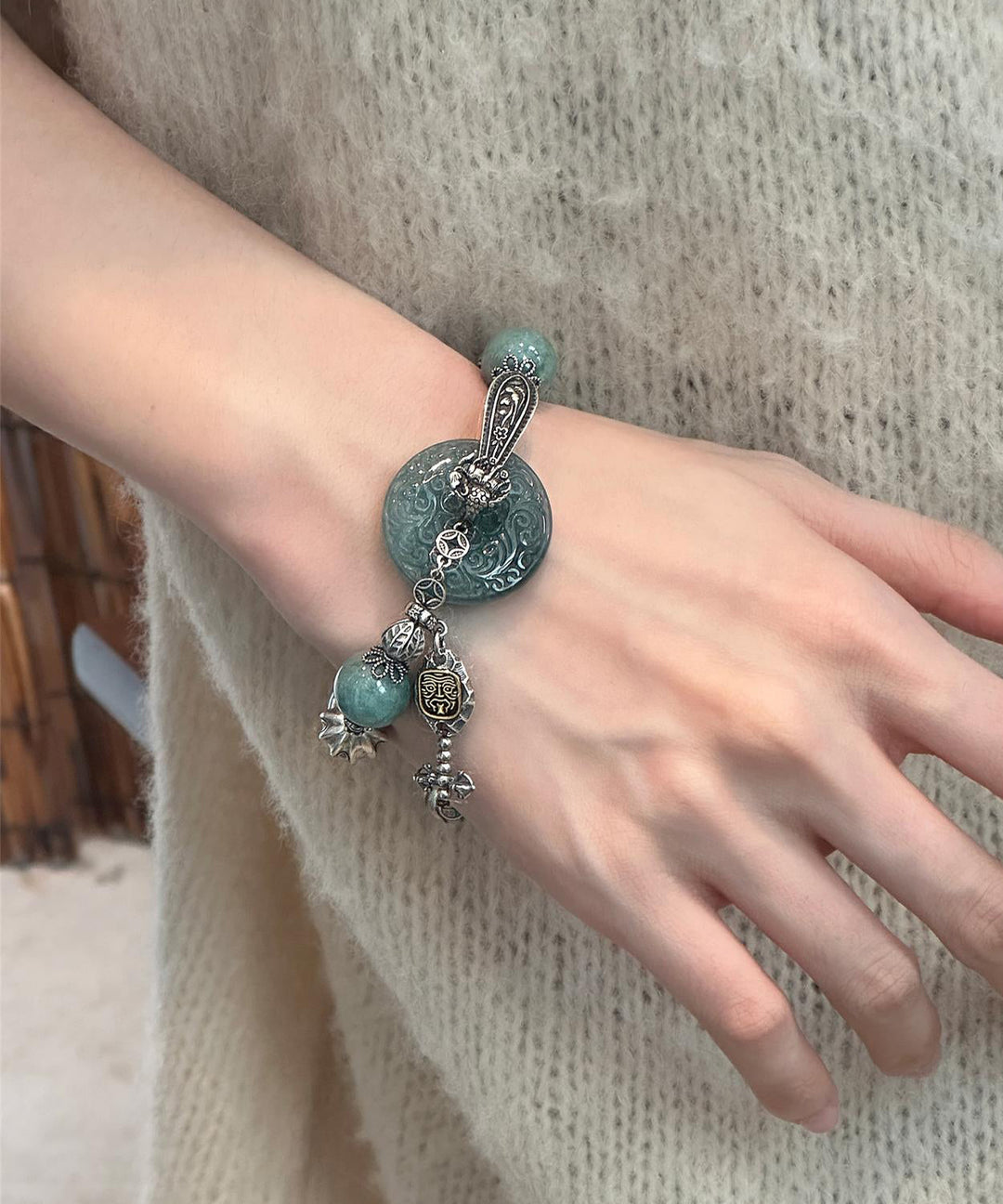 Retro Blackish Green Sterling Silver Jade Butterfly Charm Bracelet