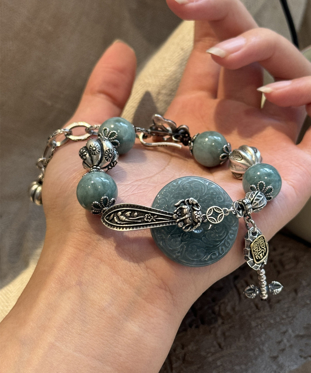 Retro Blackish Green Sterling Silver Jade Butterfly Charm Bracelet