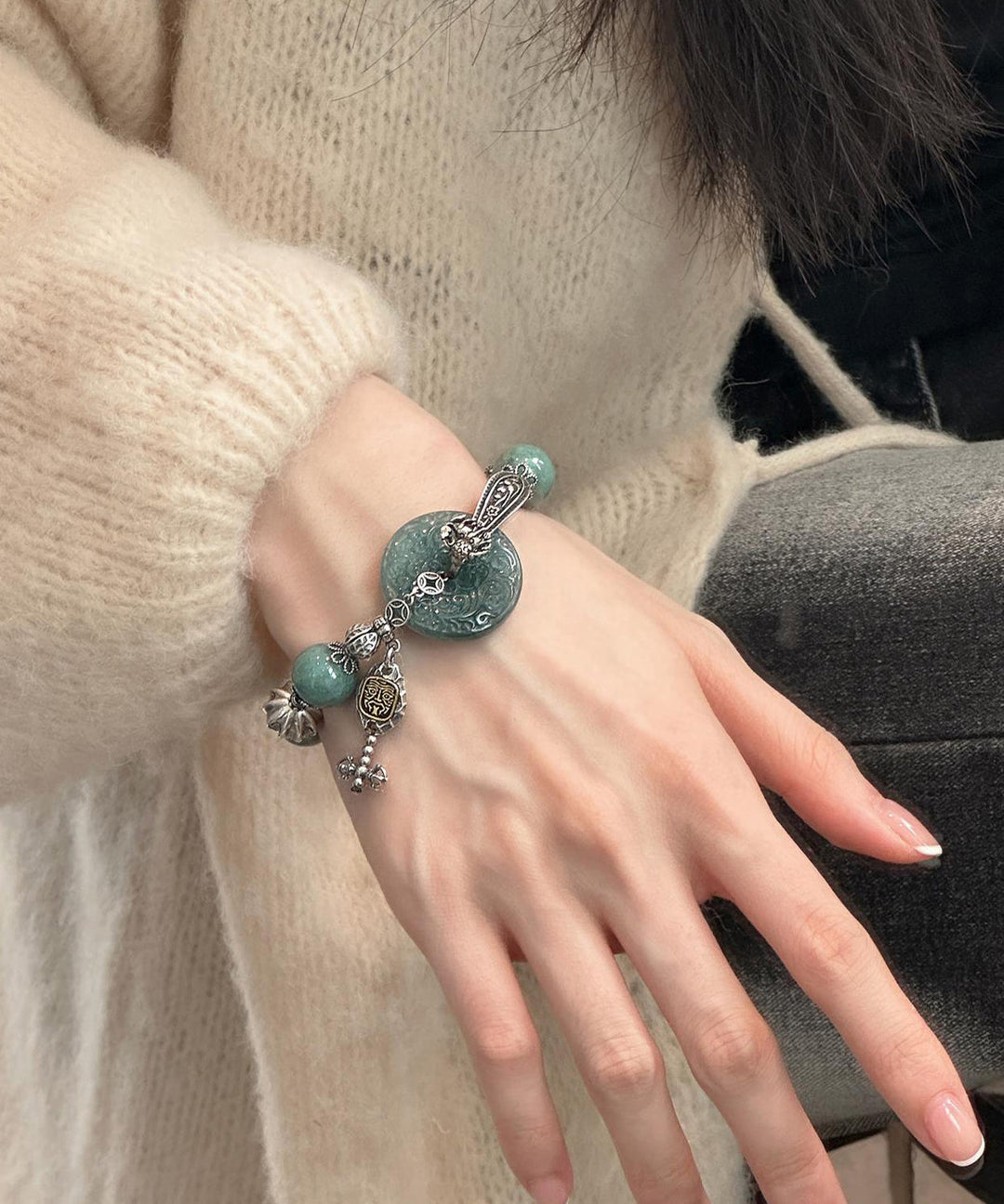 Retro Blackish Green Sterling Silver Jade Butterfly Charm Bracelet