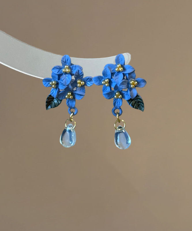Retro Blue Alloy Acrylic Floral Crystal Water Droplet Drop Earrings