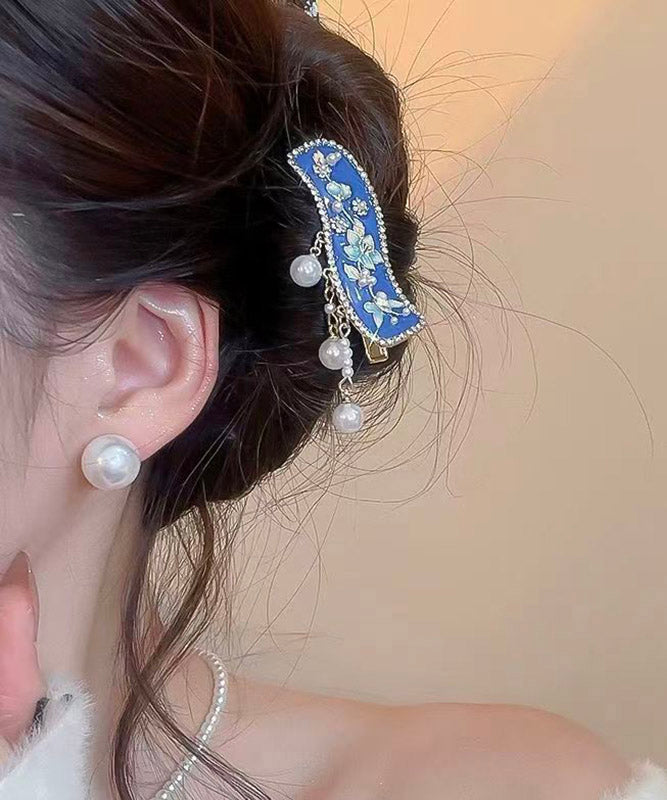Retro Blue Alloy Floral Dripping Glaze Pearl Tassel Hairpin