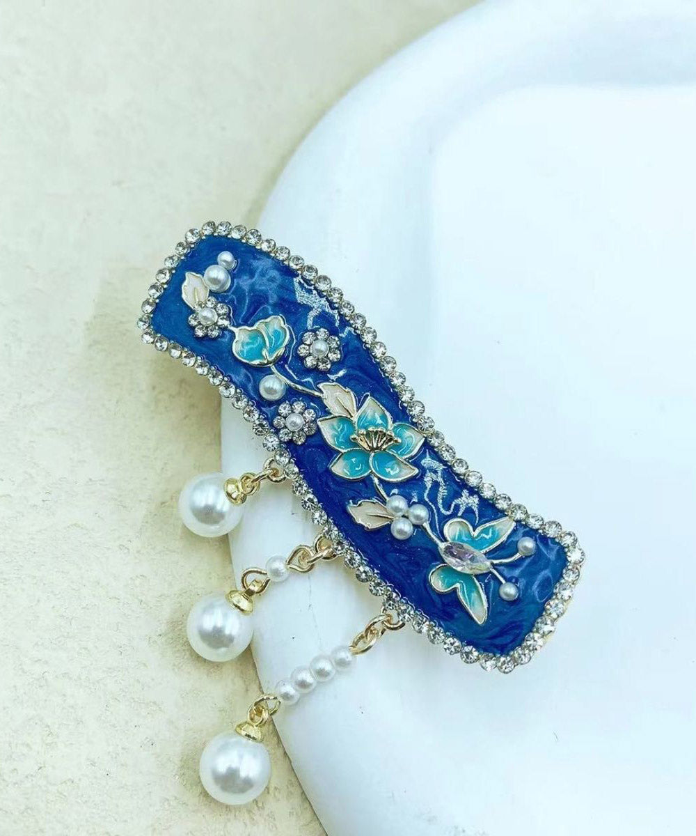 Retro Blue Alloy Floral Dripping Glaze Pearl Tassel Hairpin