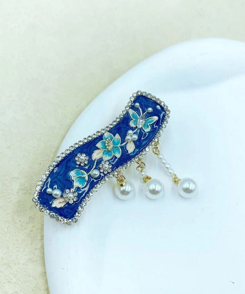 Retro Blue Alloy Floral Dripping Glaze Pearl Tassel Hairpin