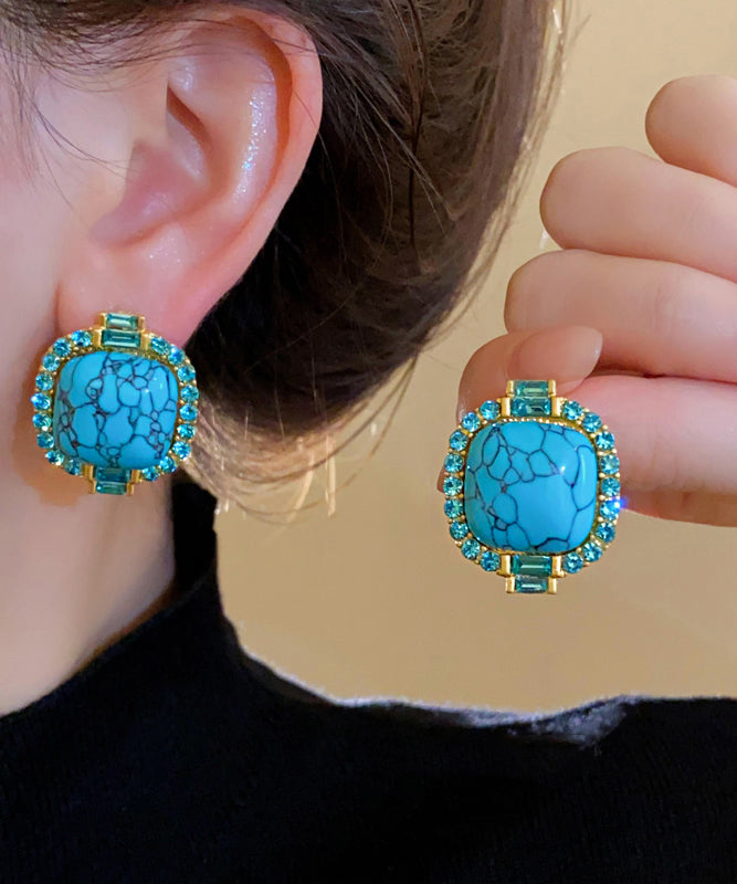 Retro Blue Alloy Inlaid Zircon Turquoise Stud Earrings