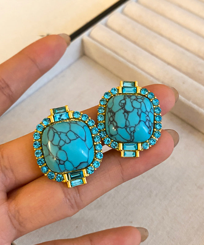 Retro Blue Alloy Inlaid Zircon Turquoise Stud Earrings