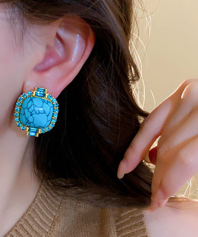 Retro Blue Alloy Inlaid Zircon Turquoise Stud Earrings