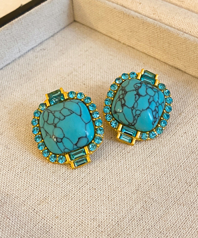 Retro Blue Alloy Inlaid Zircon Turquoise Stud Earrings