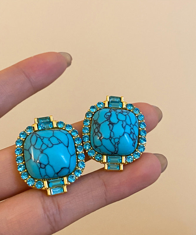 Retro Blue Alloy Inlaid Zircon Turquoise Stud Earrings