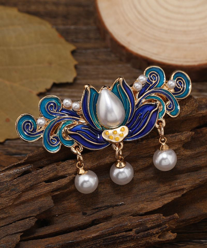 Retro Blue Alloy Pearl Cloisonne Floral Tassel Hairpin