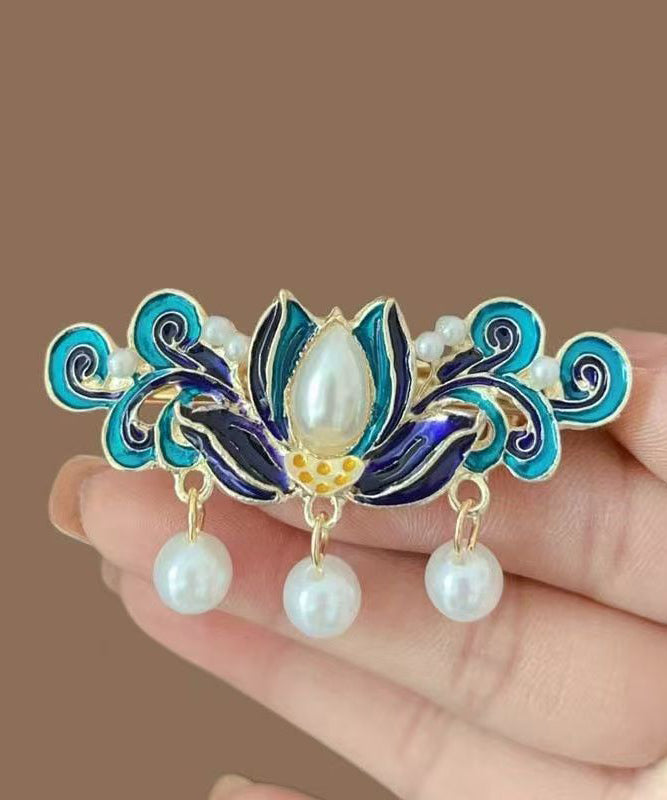 Retro Blue Alloy Pearl Cloisonne Floral Tassel Hairpin