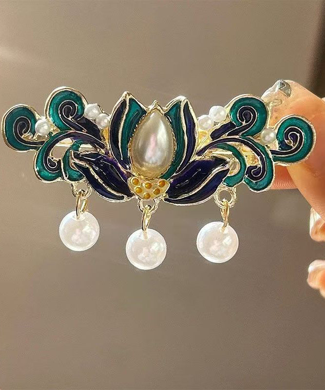 Retro Blue Alloy Pearl Cloisonne Floral Tassel Hairpin