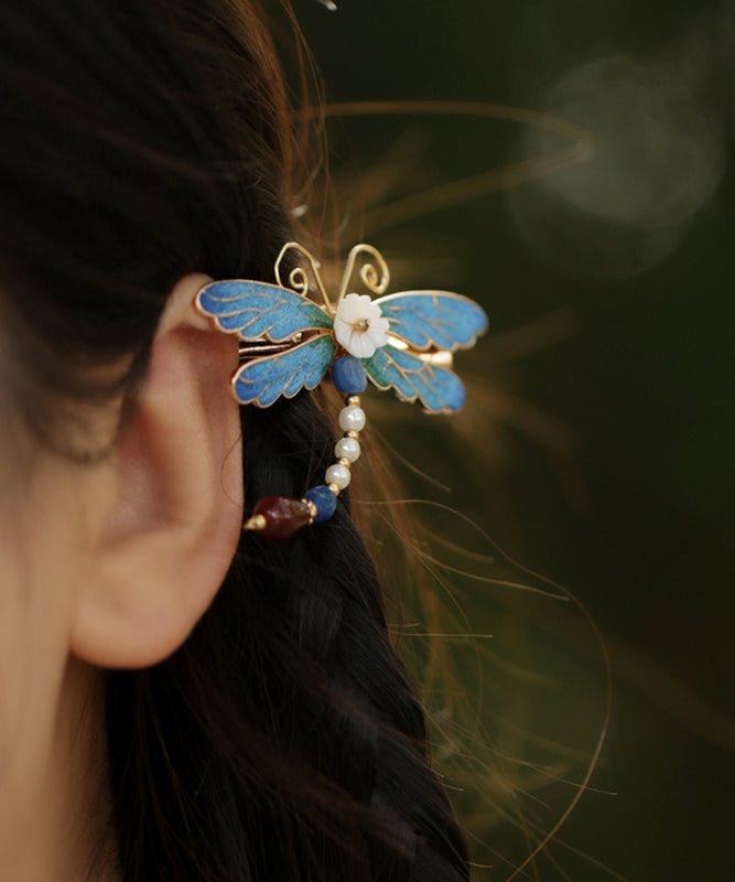 Retro Blue Copper Alloy Pearl Agate Enamel Hairpin