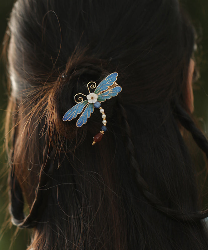Retro Blue Copper Alloy Pearl Agate Enamel Hairpin