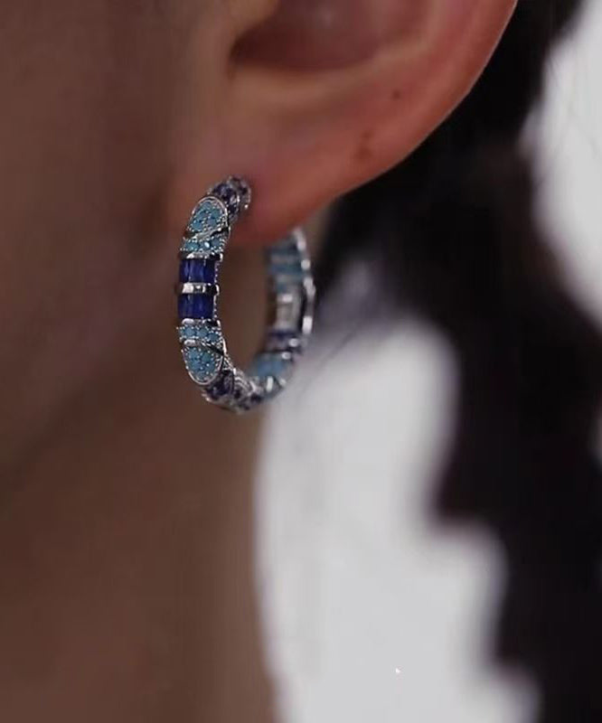 Retro Blue Copper Overgild Cloisonne Dripping Glaze Hoop Earrings