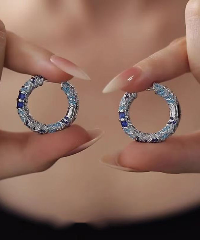 Retro Blue Copper Overgild Cloisonne Dripping Glaze Hoop Earrings