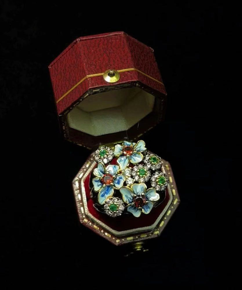Retro Blue Floral Zircon Exaggeration Alloy Rings - Omychic