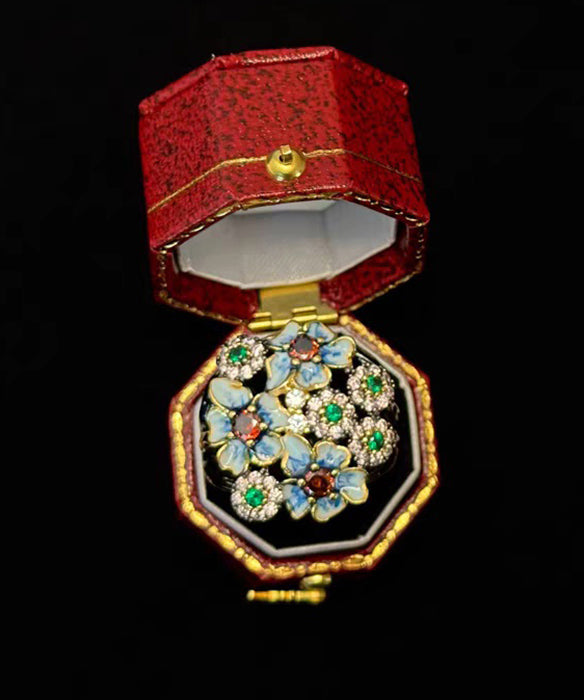 Retro Blue Floral Zircon Exaggeration Alloy Rings - Omychic