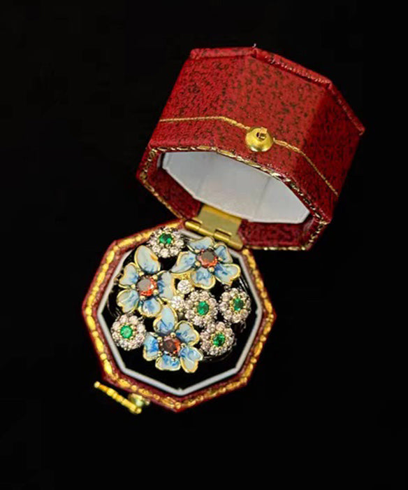 Retro Blue Floral Zircon Exaggeration Alloy Rings - Omychic