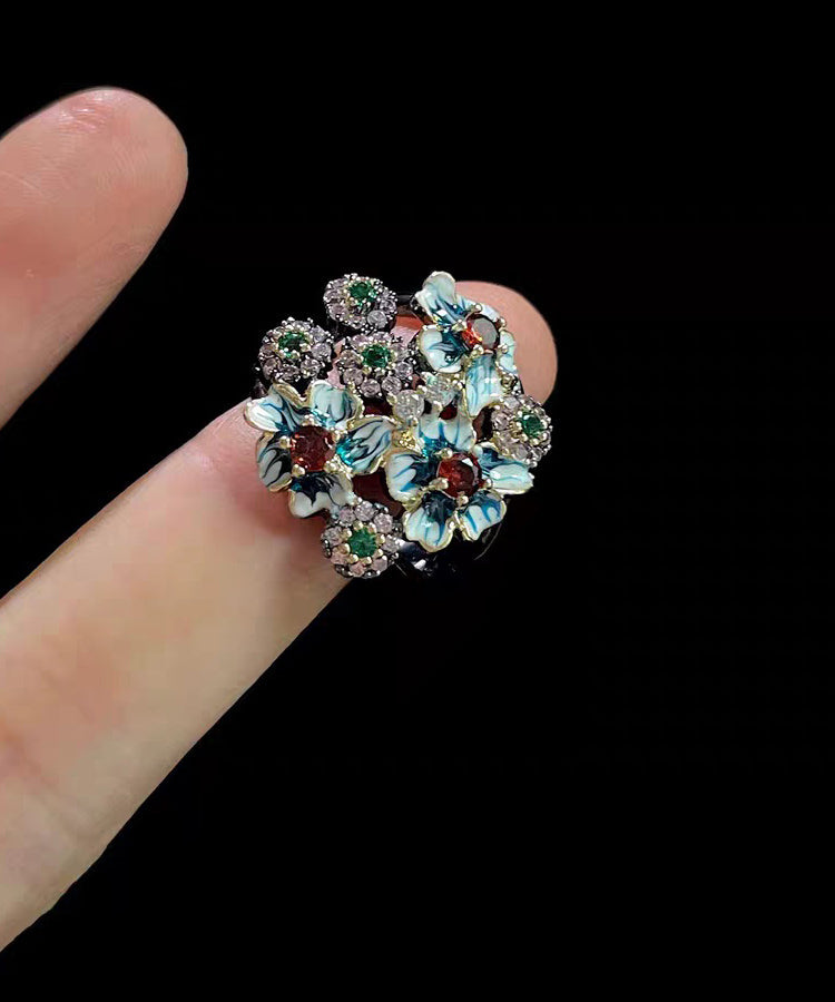 Retro Blue Floral Zircon Exaggeration Alloy Rings - Omychic