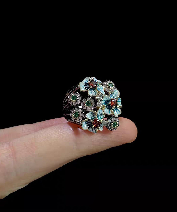 Retro Blue Floral Zircon Exaggeration Alloy Rings - Omychic