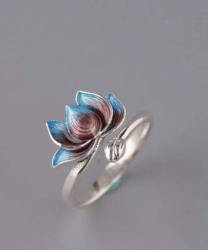 Retro Blue Sterling Silver Cloisonne Lotus Open Rings