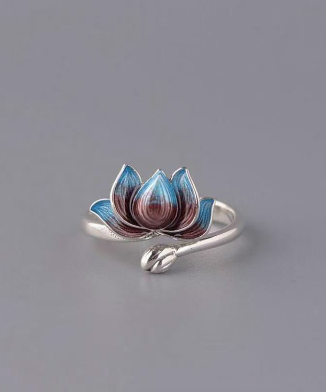 Retro Blue Sterling Silver Cloisonne Lotus Open Rings