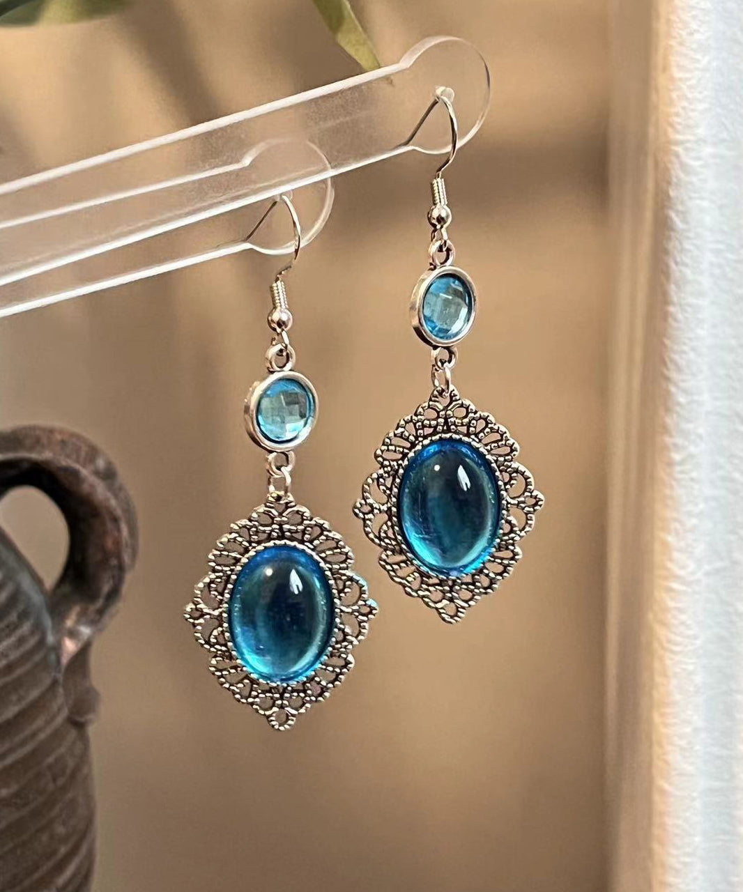 Retro Blue Sterling Silver Crystal Hollow Out Drop Earrings