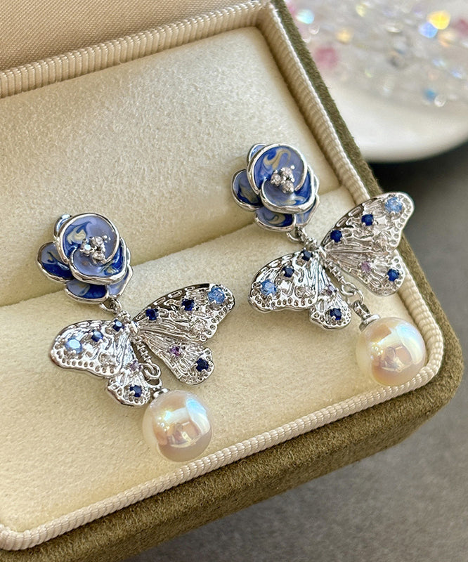 Retro Blue Sterling Silver Overgild Zircon Crystal Pearl Butterfly Drop Earrings