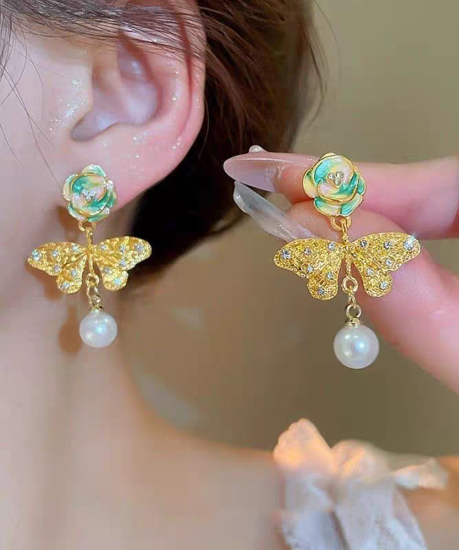 Retro Blue Sterling Silver Overgild Zircon Crystal Pearl Butterfly Drop Earrings