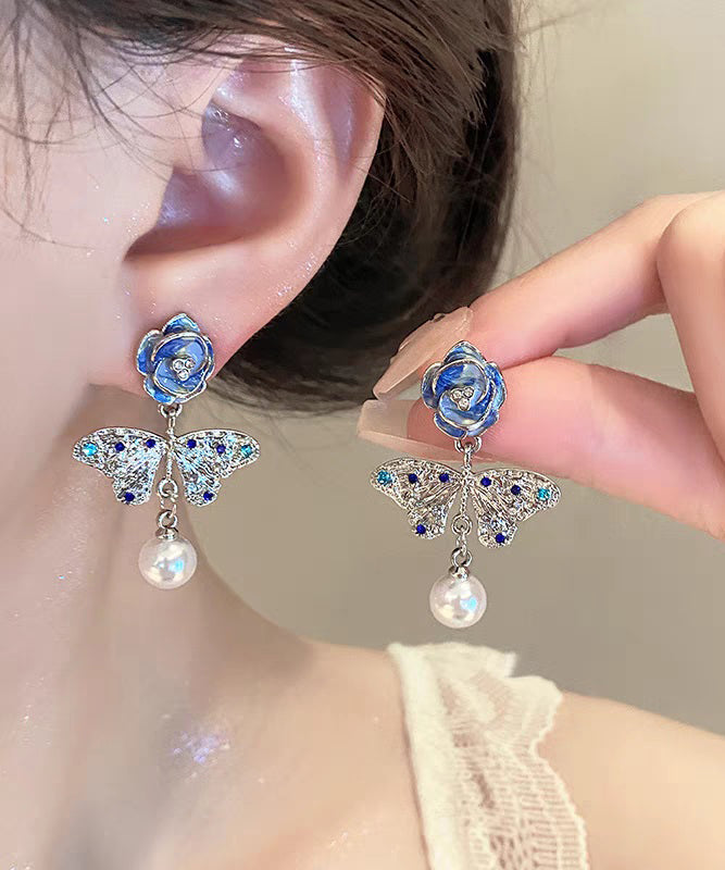 Retro Blue Sterling Silver Overgild Zircon Crystal Pearl Butterfly Drop Earrings
