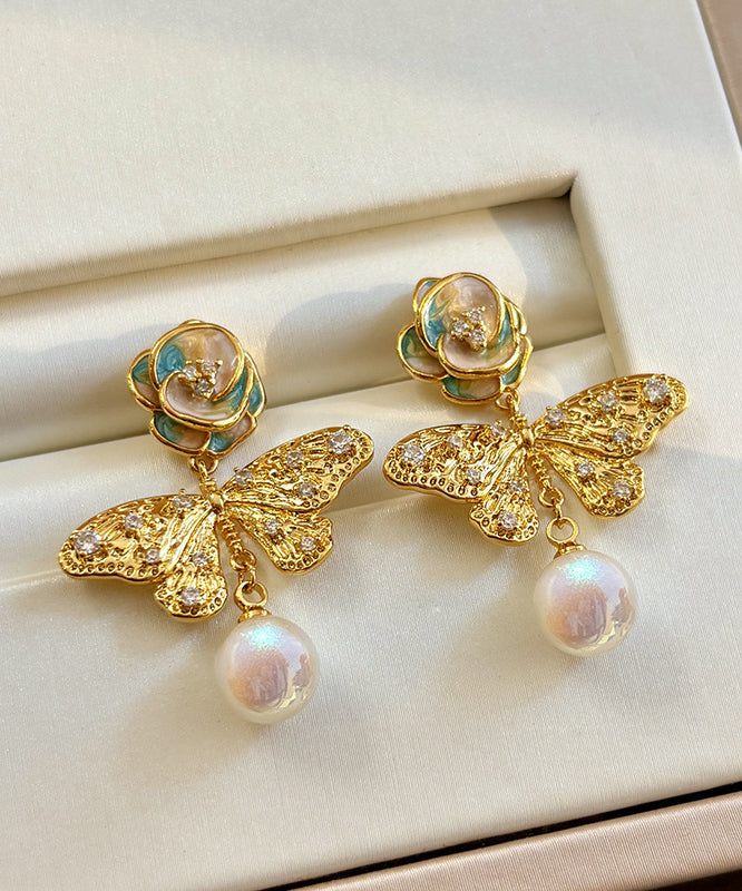 Retro Blue Sterling Silver Overgild Zircon Crystal Pearl Butterfly Drop Earrings