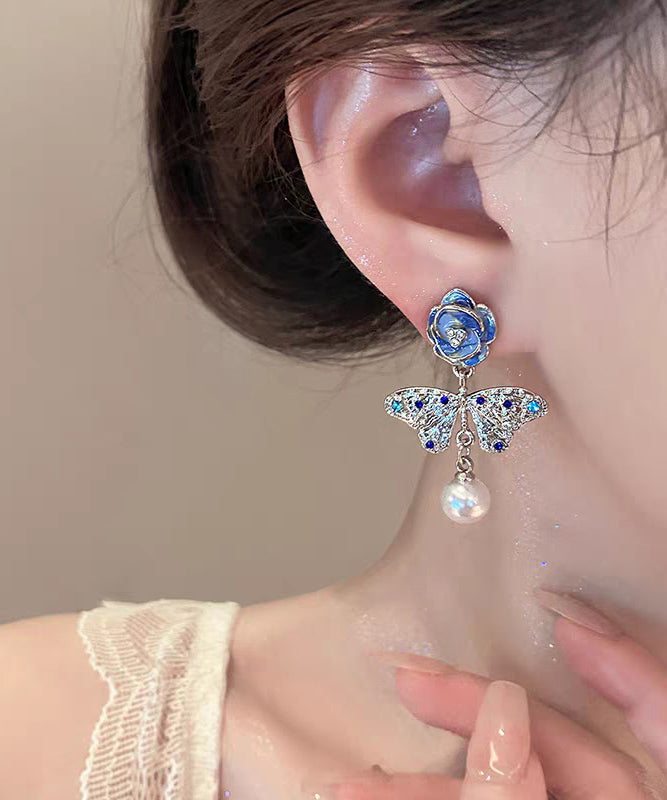 Retro Blue Sterling Silver Overgild Zircon Crystal Pearl Butterfly Drop Earrings