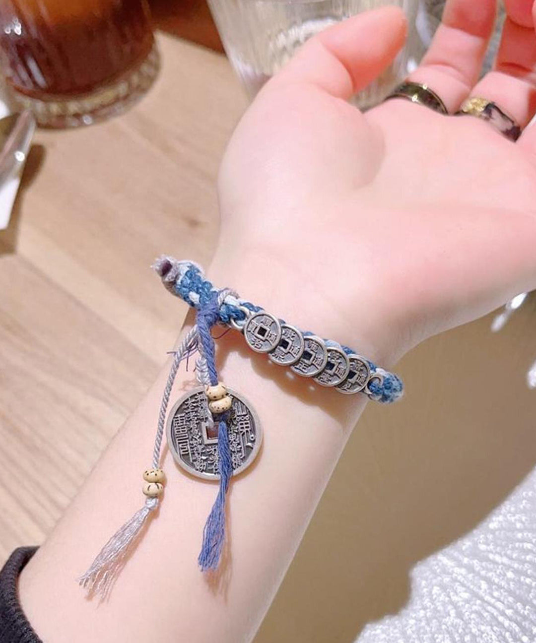 Retro Blue Sterling Silver Weave Five Emperor Coins Charm Bracelet