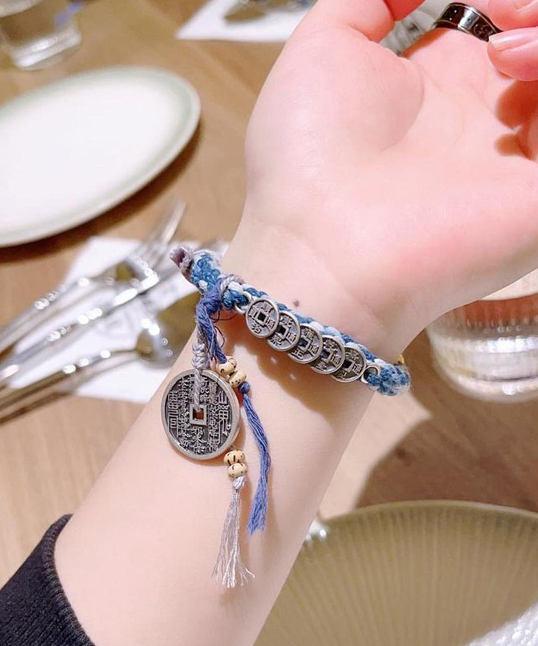 Retro Blue Sterling Silver Weave Five Emperor Coins Charm Bracelet