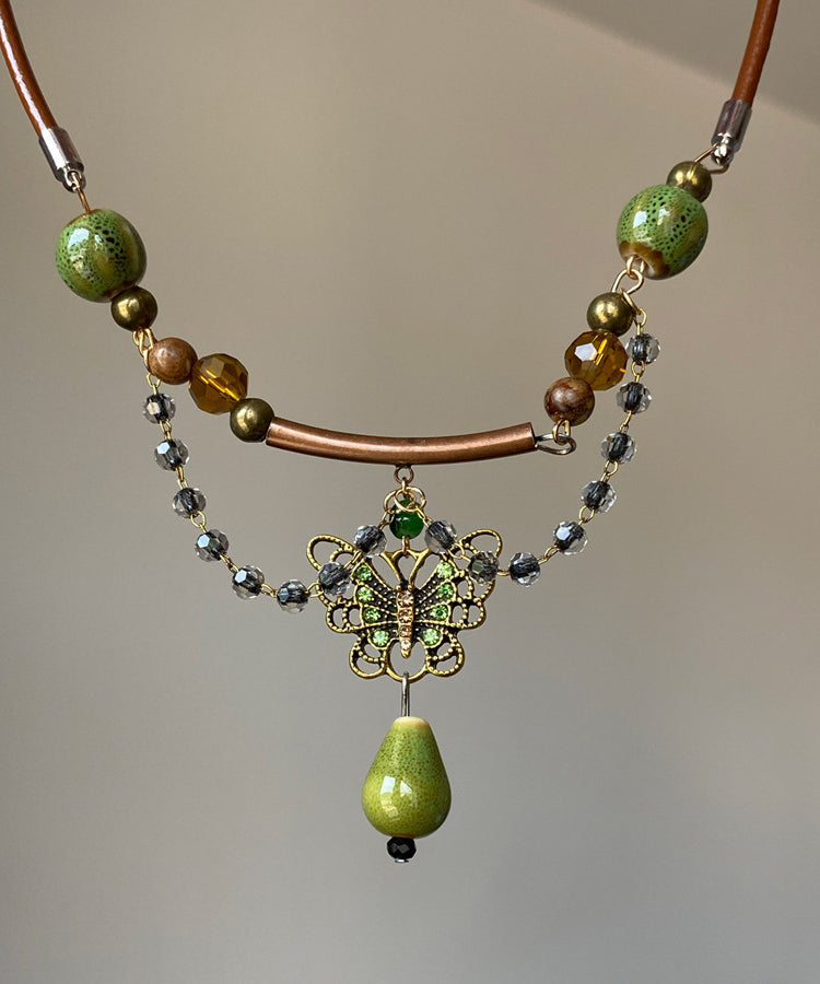 Retro Brown Alloy Butterfly Ceramic Beading Pendant Necklace