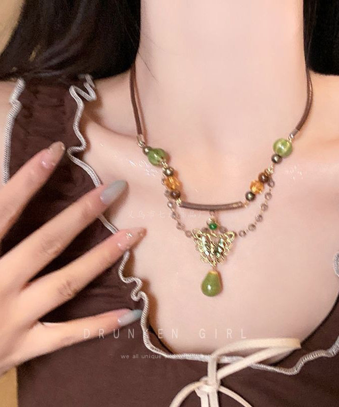Retro Brown Alloy Butterfly Ceramic Beading Pendant Necklace