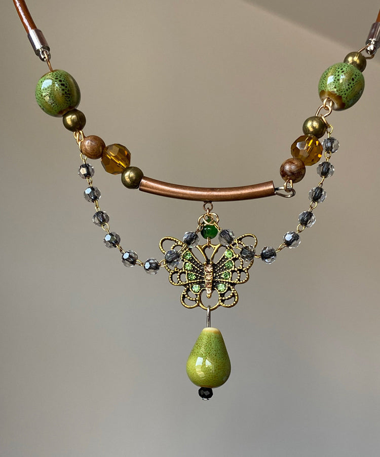 Retro Brown Alloy Butterfly Ceramic Beading Pendant Necklace