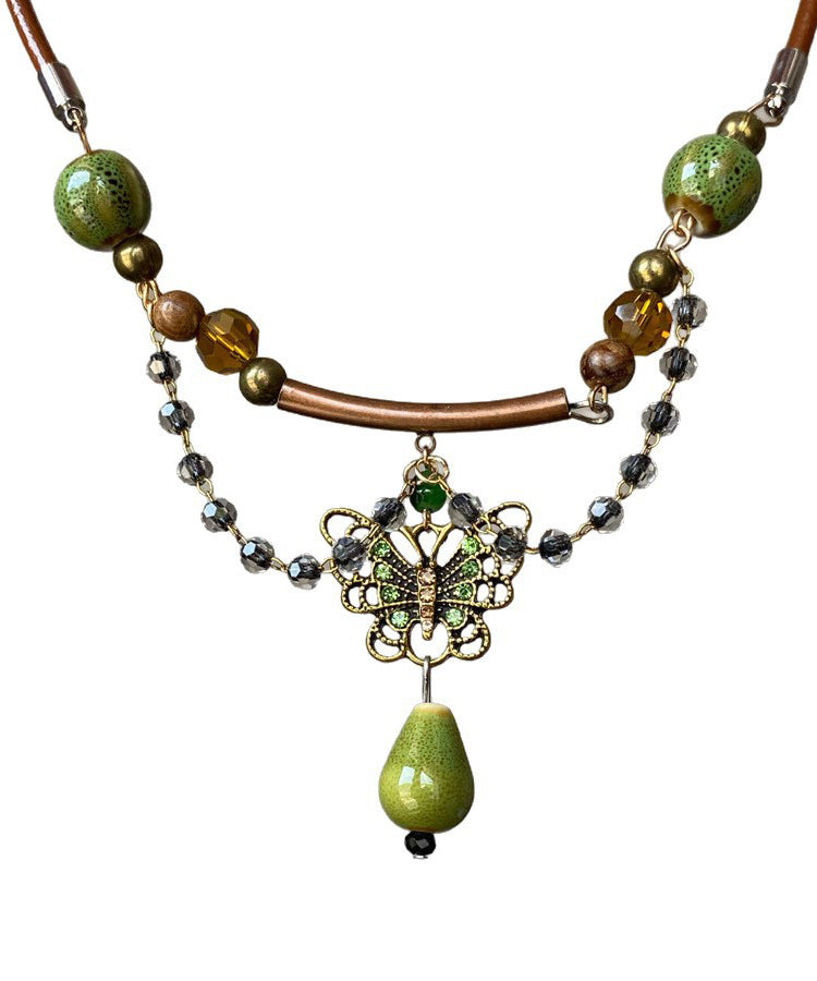 Retro Brown Alloy Butterfly Ceramic Beading Pendant Necklace