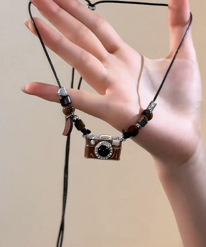 Retro Brown Copper Overgild Leather Resin Drip Glaze Camera Pendant Necklace