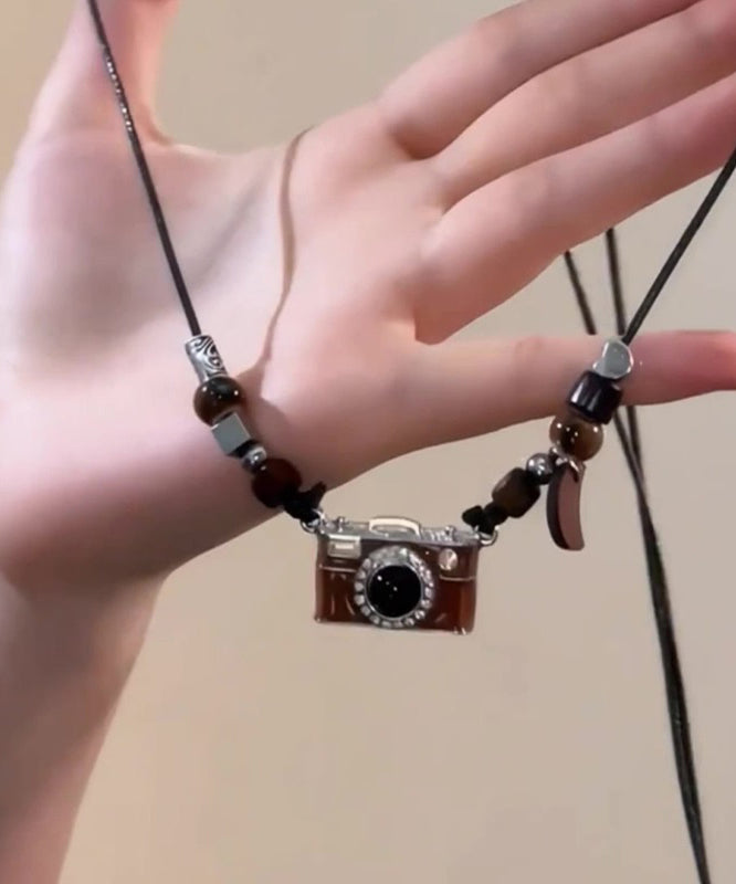 Retro Brown Copper Overgild Leather Resin Drip Glaze Camera Pendant Necklace
