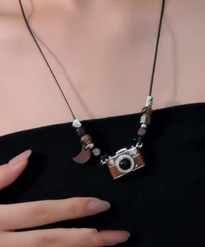 Retro Brown Copper Overgild Leather Resin Drip Glaze Camera Pendant Necklace