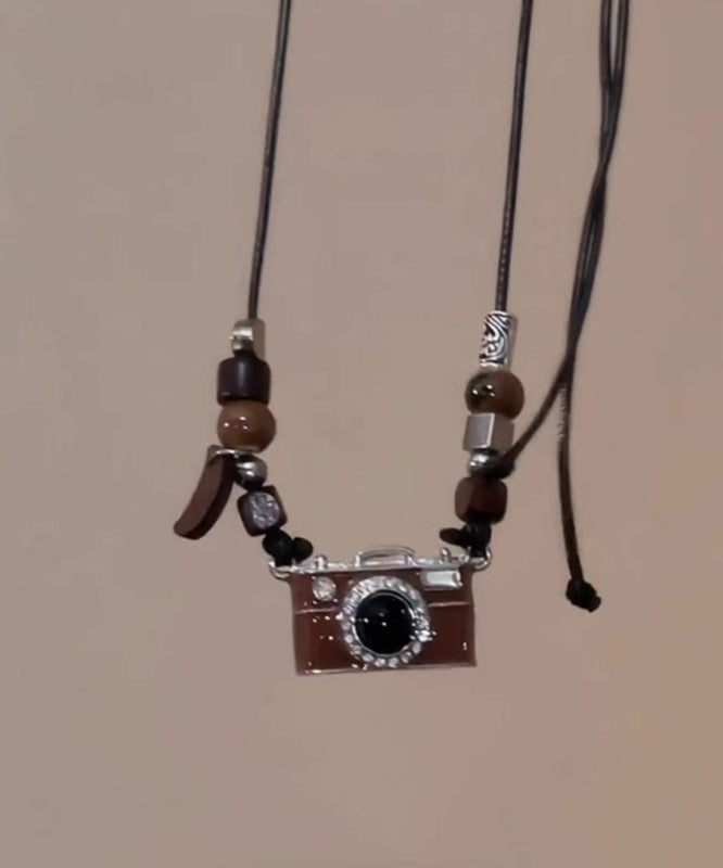 Retro Brown Copper Overgild Leather Resin Drip Glaze Camera Pendant Necklace
