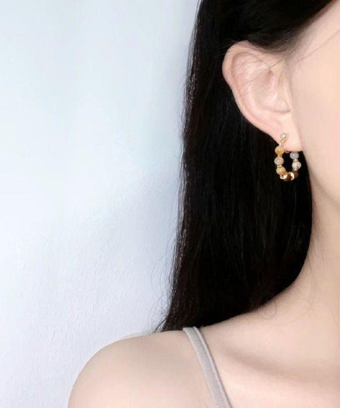 Retro Brown Copper Overgild Tiger's-Eye Broken Hoop Earrings