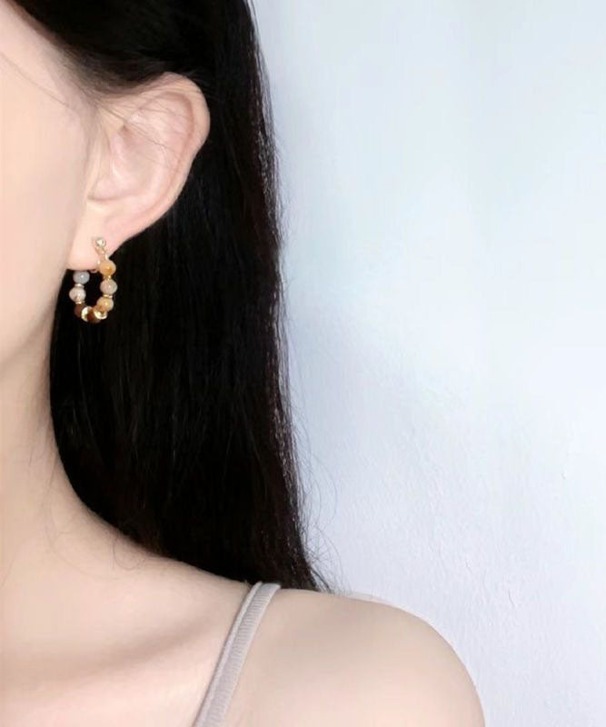 Retro Brown Copper Overgild Tiger's-Eye Broken Hoop Earrings