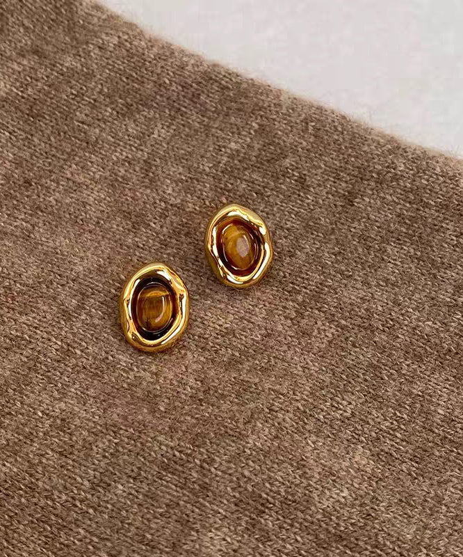 Retro Brown Copper Overgild Tiger's Eye Stud Earrings